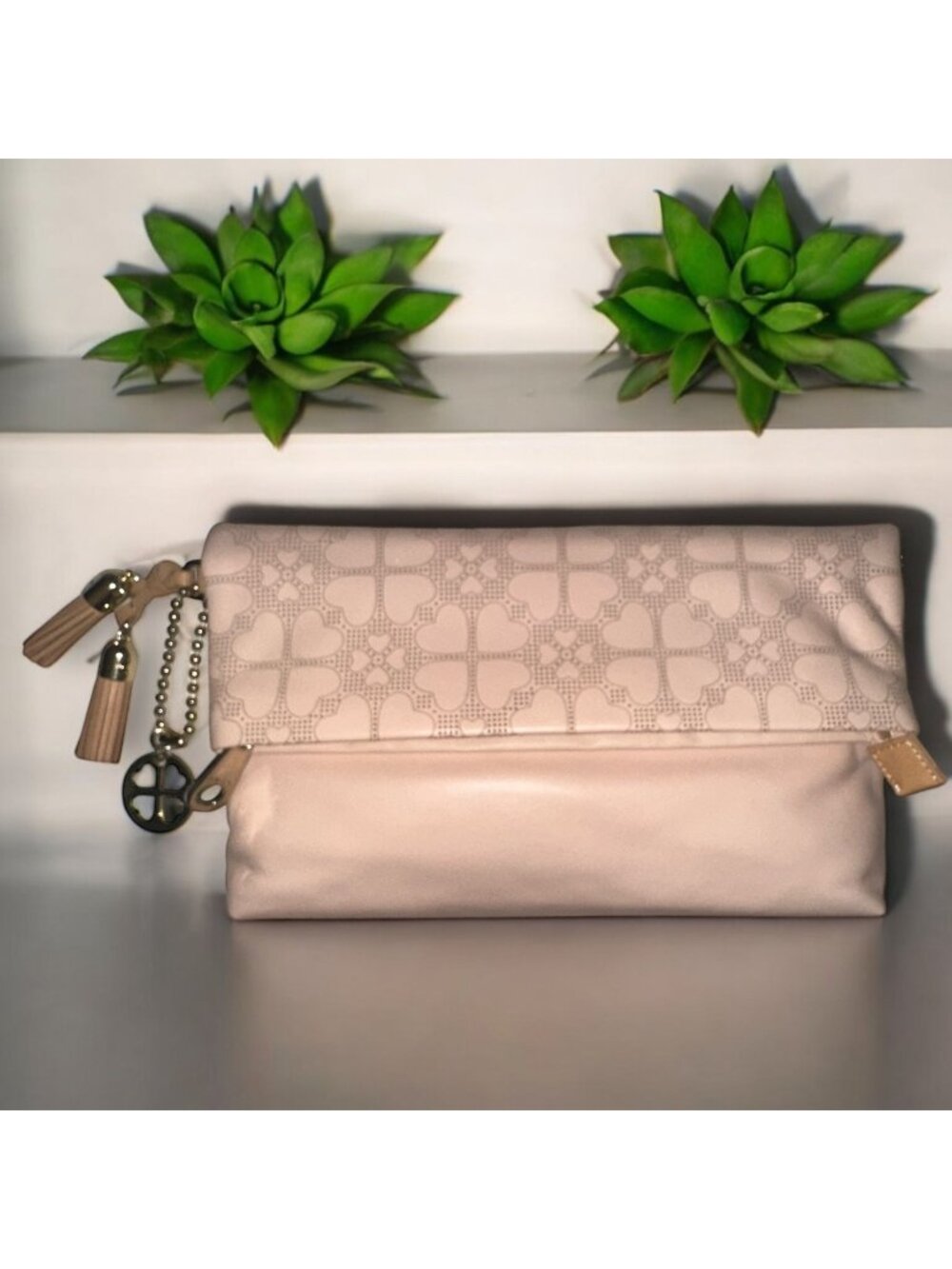 Folli Follie Purse Pale Pink Leather Perforated Heart Fold-over Clutch Greece